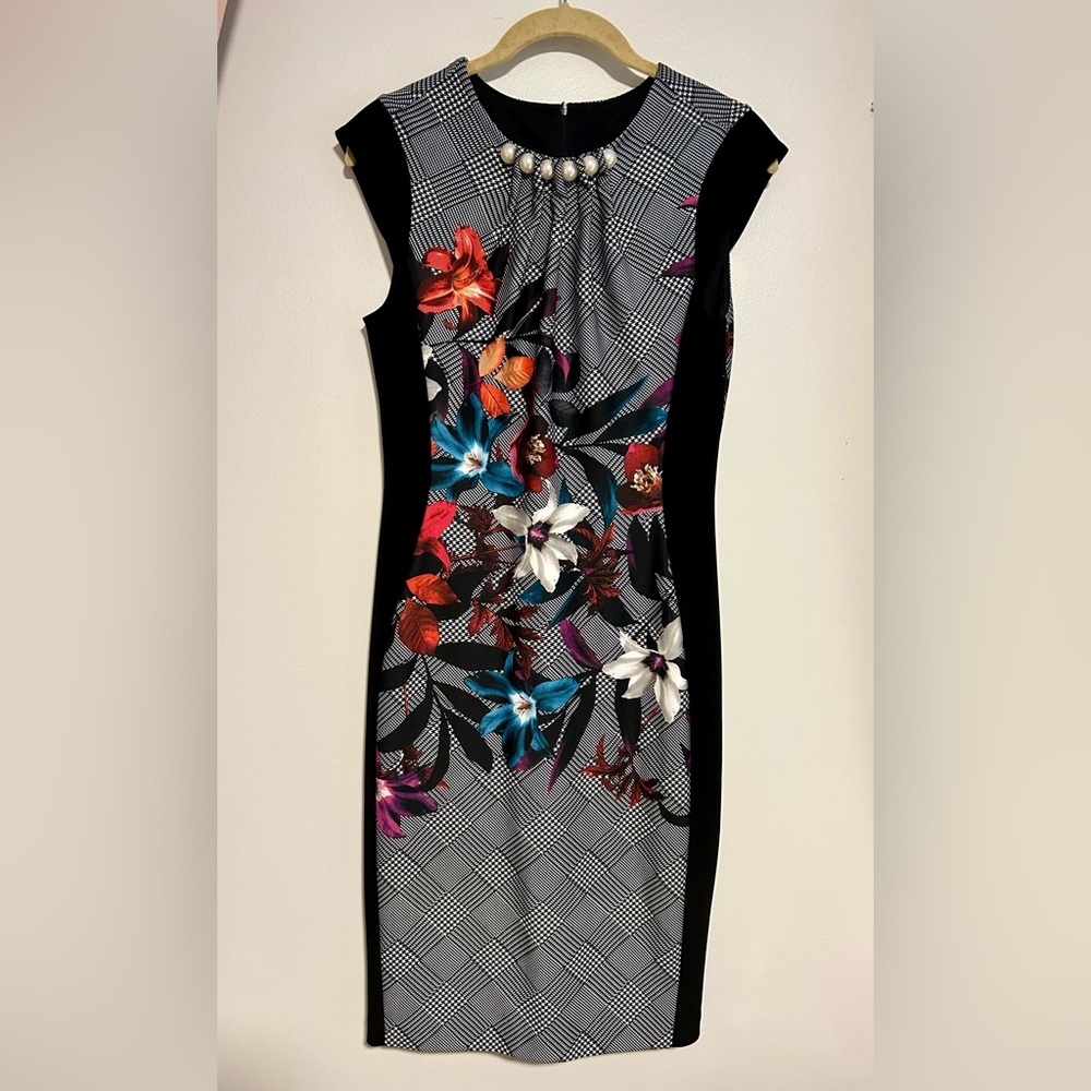 Joseph Ribkoff Black and White Dress with Floral and Pearl Accents